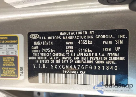 2014 Kia Optima Lx z USA, uszkodzony, nr VIN 5XXGM4A76EG331340